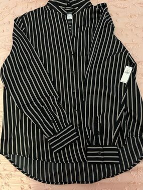 Old Navy Black Button-Down Shirt with White Vertical Stripes